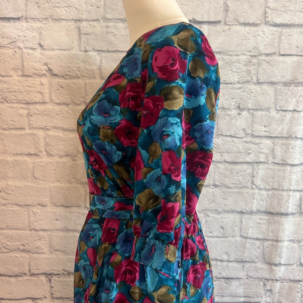 Vintage 60s Dress Handmade Midi Blue Pink Floral w Belt Garden Winter Fall - Picture 9 of 13